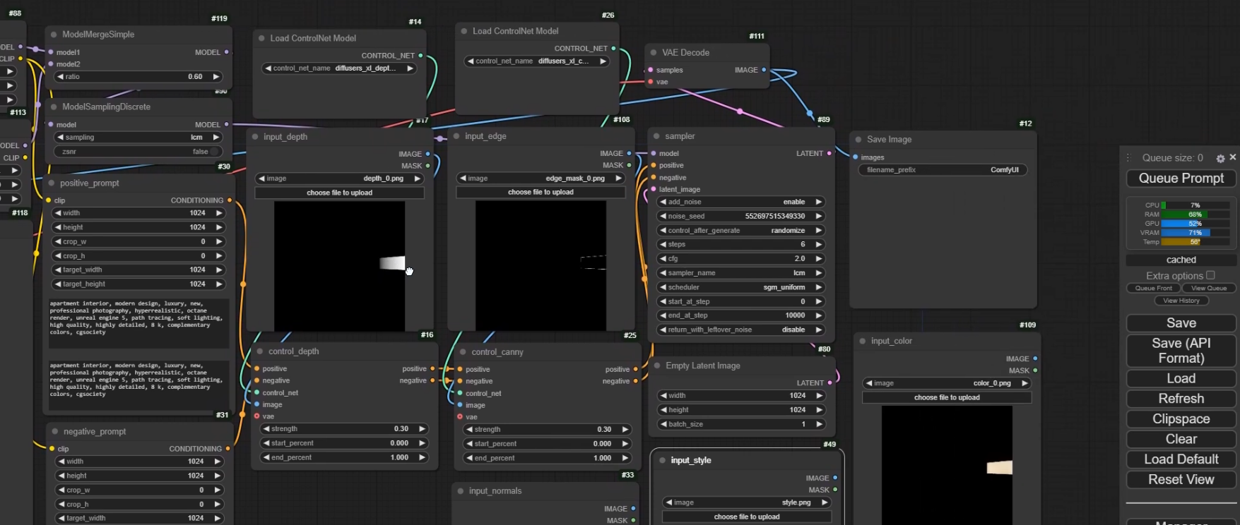 Fig. 4. ComfyUI generative workflow, showing node-based image and material generation.