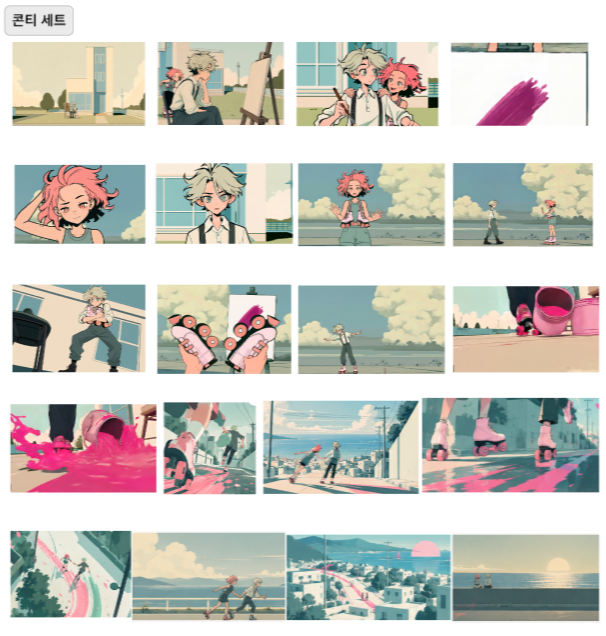 Storyboard and key visual sequence of RoLL, from hesitation at the canvas to a town marked by roller-skate paint trails.