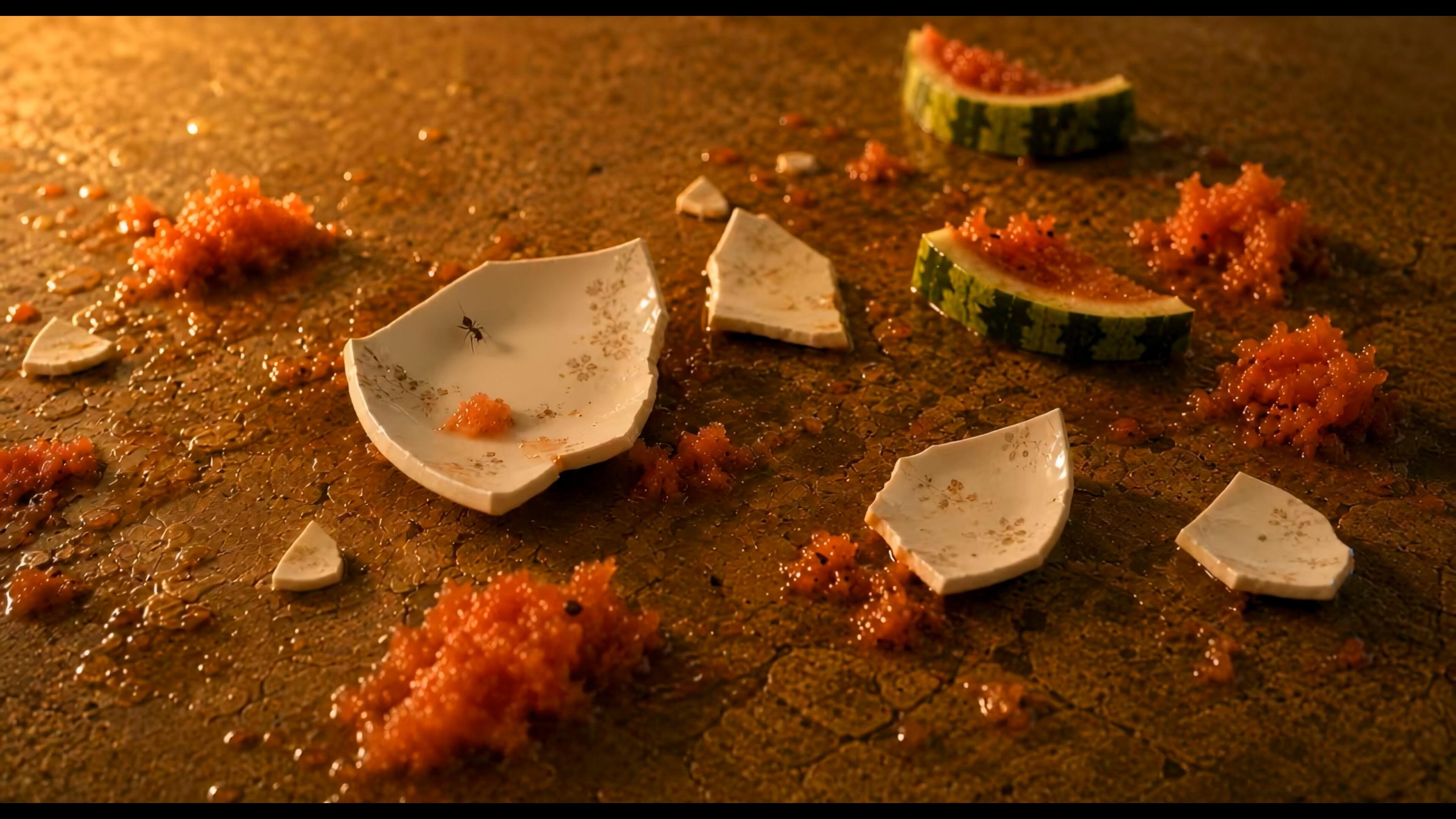 Broken tableware and watermelon as a narrative detail conveying the aftermath of an incident.