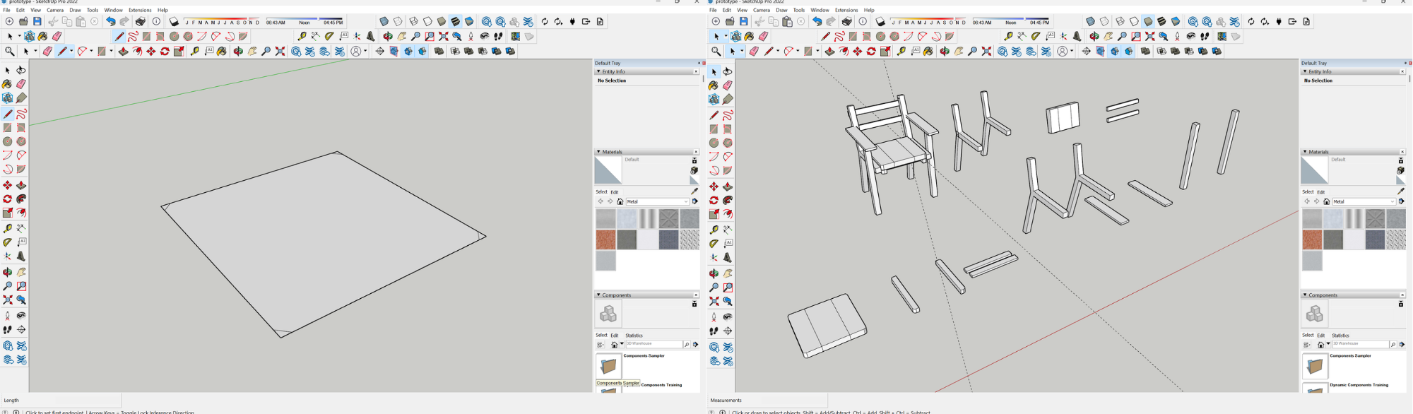 Fig. 2. SketchUp mockup progression: (a) initial base geometry; (b) exploration of chair forms and components.