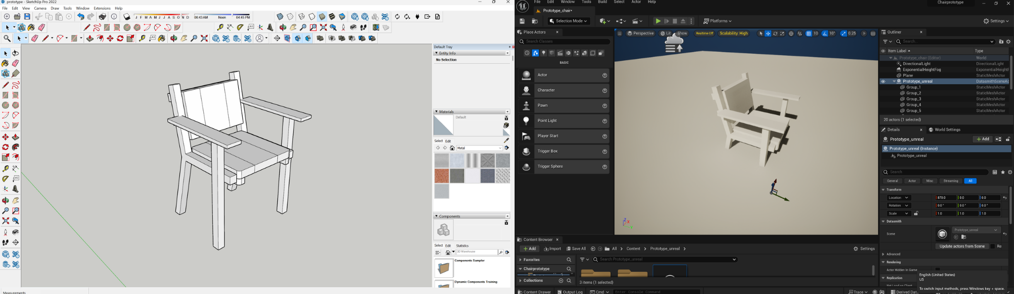 Fig. 3. (a) Final assembled chair mockup in SketchUp; (b) mockup migrated into Unreal Engine via Datasmith, dismantled for material assignment.