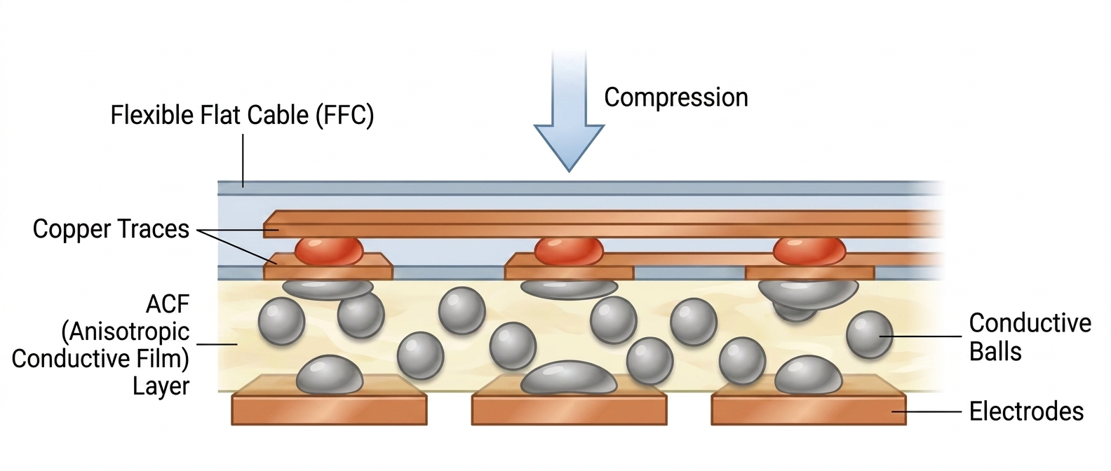 Conceptual cross-section of an ACF-bonded FFC joint. Compressed conductive particles form through-thickness current-transfer paths between opposing electrodes.