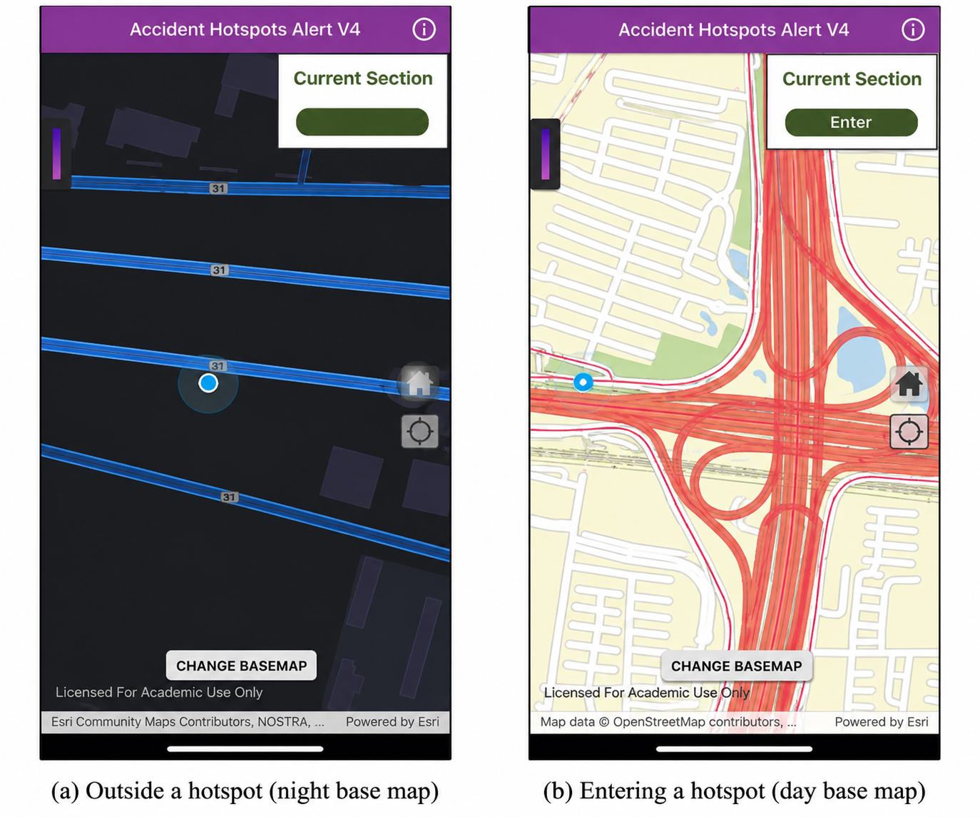 Mobile app outside (a) and entering (b) a hotspot.