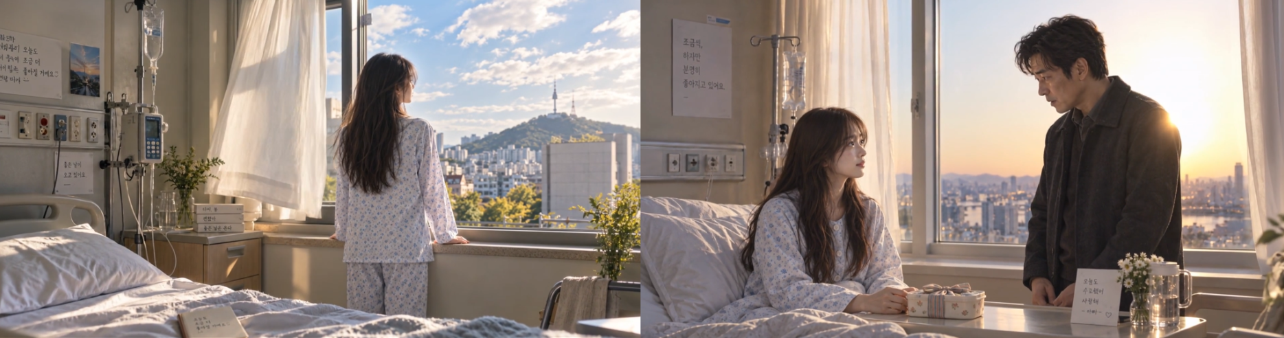 Figure 2. Family reconciliation in the hospital and Ha-yoon looking toward the outside world.