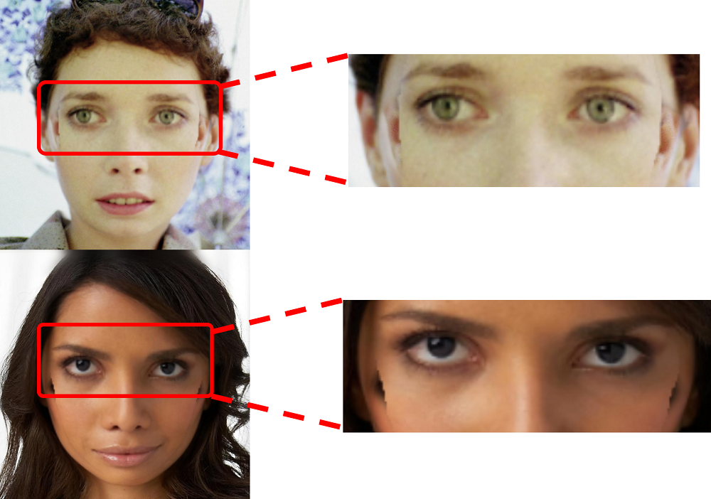 Residual visibility of the geometric distortion around the eye region, even after localized blending. Although the blending mask removes visible seams at the face boundary, the underlying warp still introduces subtle asymmetries in eye shape and spacing (zoomed insets, right), illustrating that blending conceals where the manipulation occurs but not that it has occurred.