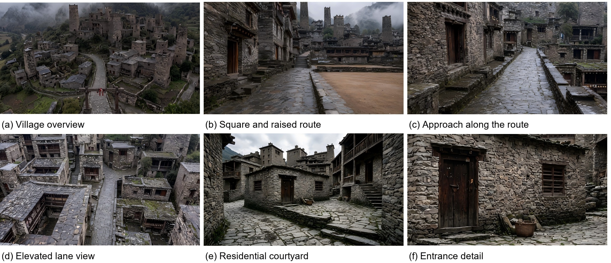 The production images show the village, paths, courtyard, and entrance at different scales.