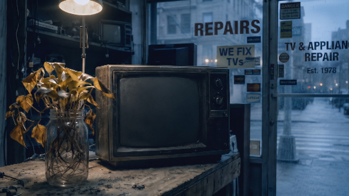 AI-generated scenes depicting an abandoned repair shop and a television broadcast.