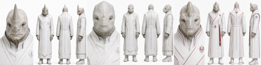Figure 1. Concept design of the high civilization: three variants of the rhino-inspired researcher in white  robes.