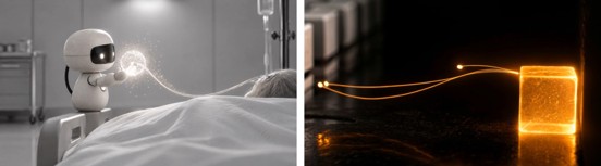 Film stills showing Seven interacting with a bedside memory-transfer visual (left) and a luminous data-storage motif (right).