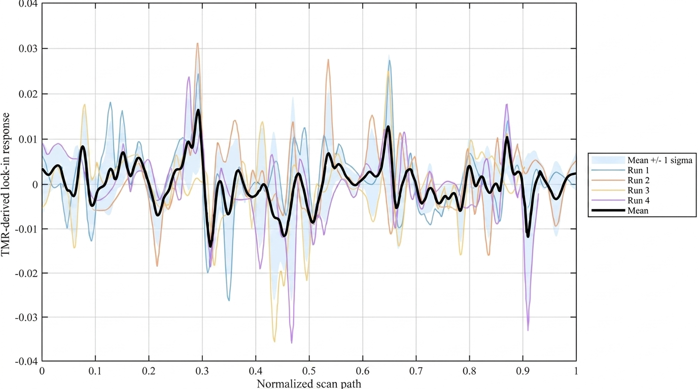 Signed phase-referenced TMR response for four repeated scans of the same ACF-bonded FFC specimen. The vertical axis is reported in arbitrary units because the complete calibration chain was not retained. The black trace and shaded band denote the mean and ±1σ, respectively.