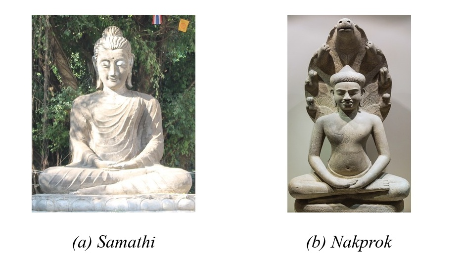 Visual similarity between Samathi and Nakprok. Nakprok shares a similar meditation posture and hand position with Samathi, while its distinguishing naga hood lies above the head and may be removed by tight cropping. Photographs from Wikimedia Commons, CC BY-SA.