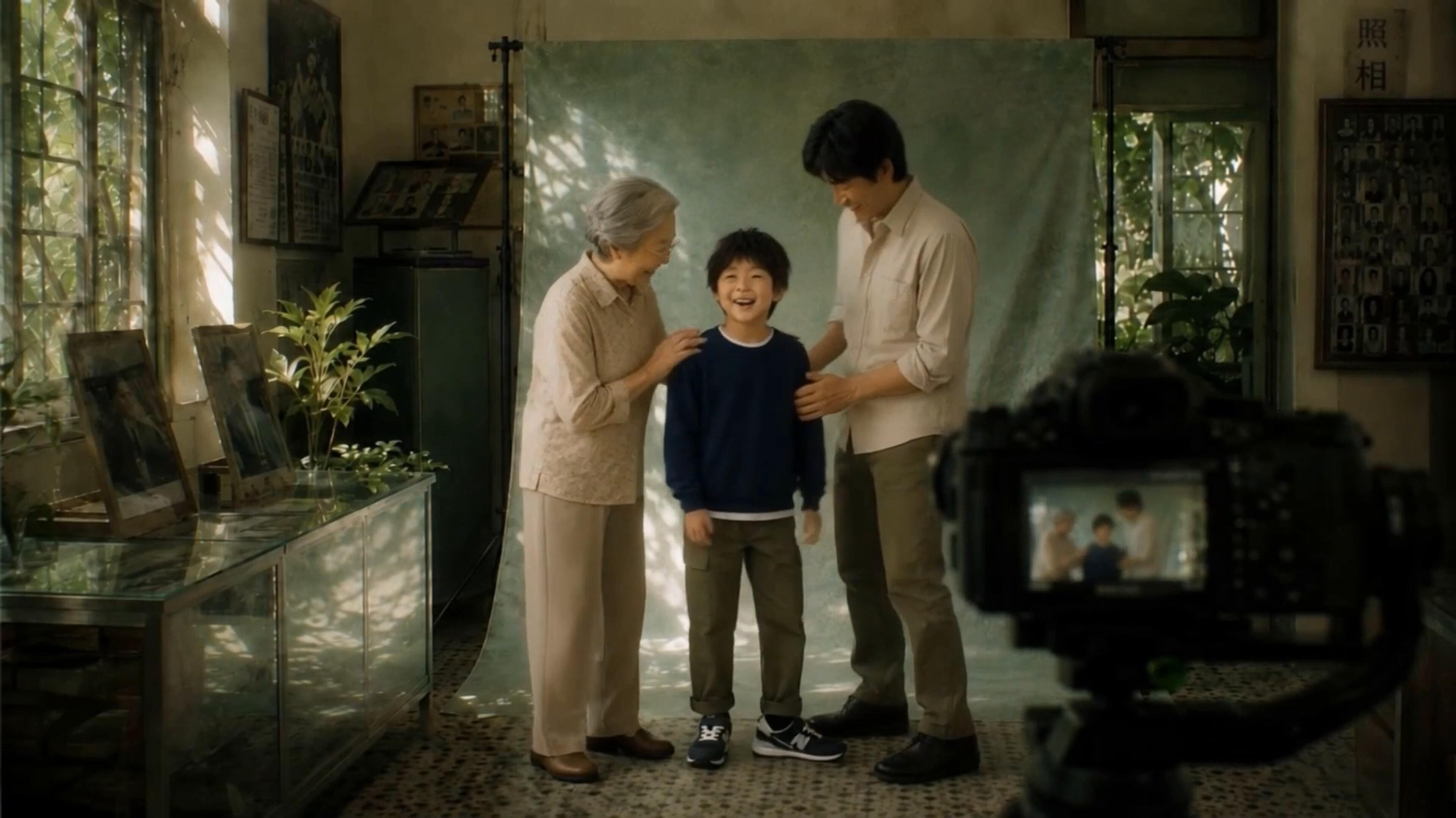 The grandmother, child, and father assembled in a family portrait scene.