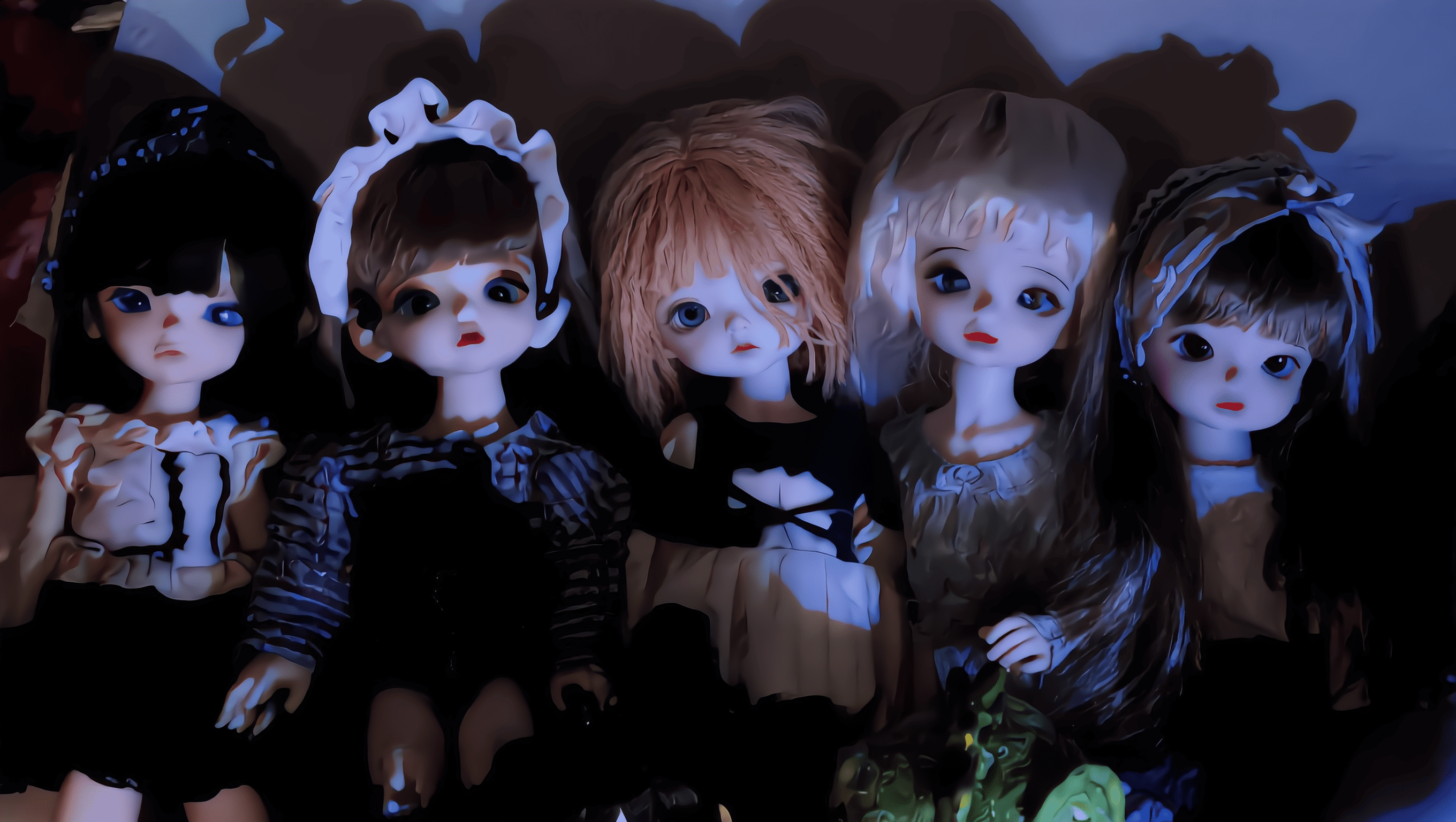 Ball-jointed dolls establishing the film's visual contrast.