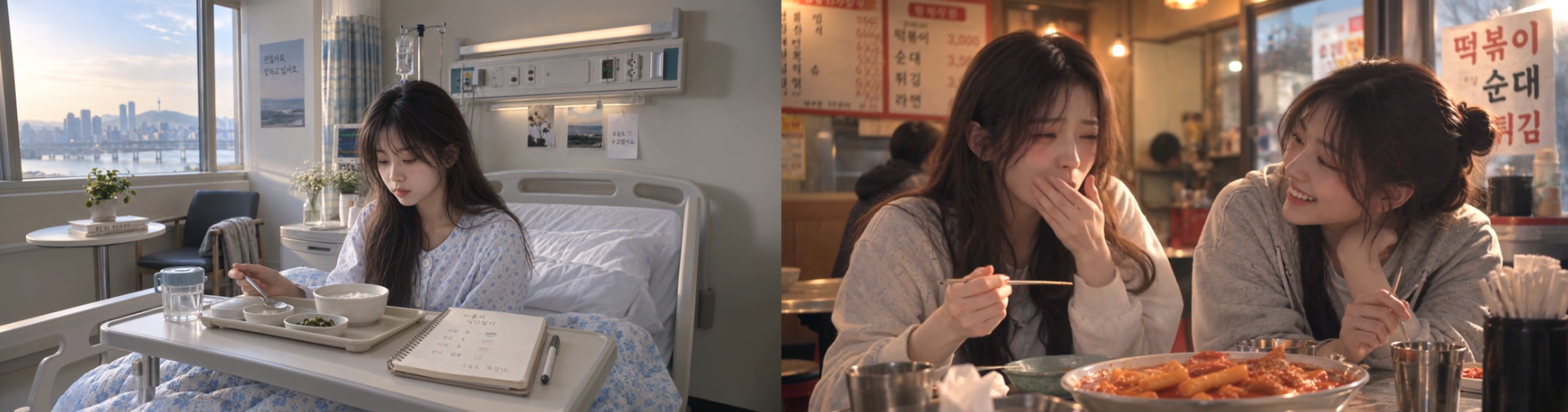 Figure 1. Ha-yoon’s constrained hospital routine and the warmth of sharing food outside.