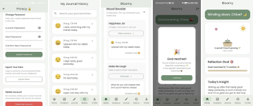 . Additional screens: (a) privacy screen, (b) history keyword search, (c) mood booster with Happiness Jar and joke, (d) goal-reached message, (e) garden with weather, a streak and the reflection goal.