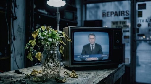 AI-generated scenes depicting an abandoned repair shop and a television broadcast.